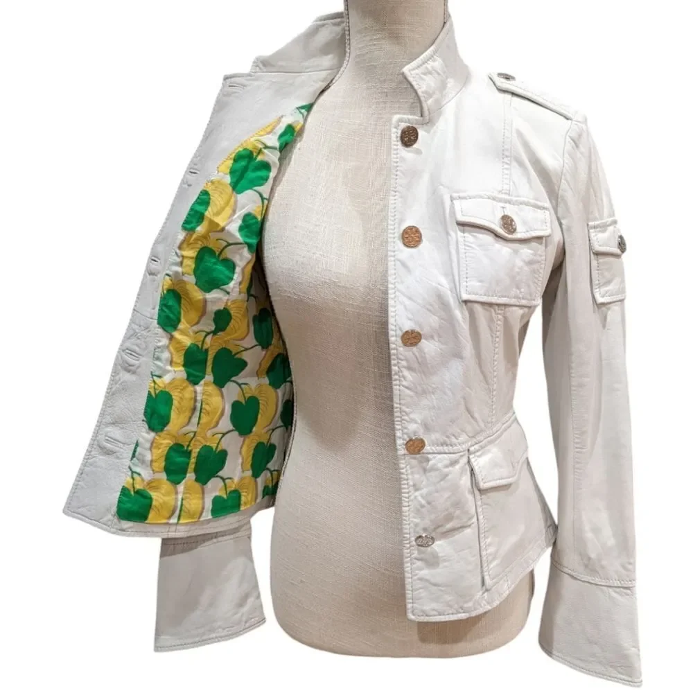 Tory Burch Women's Genuine Leather Utility Military Jacket in White Size 2
